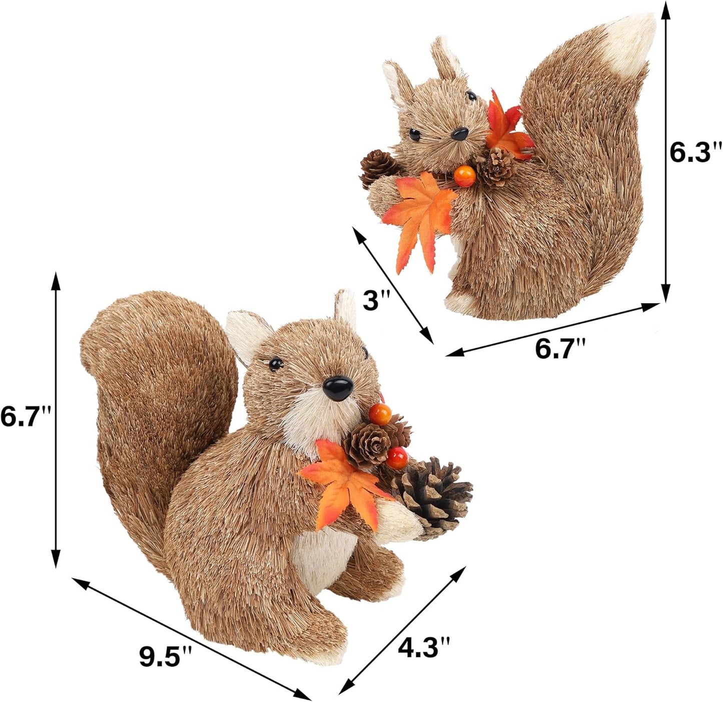 winemana Set of 2 Fall Table Decor-Squirrels with Leaves Pine Cones Thanksgiving Home Decorations Indoor Sisal Figurines, Cozy Fall Office Harvest Centerpiece Christmas Kitchen Décor