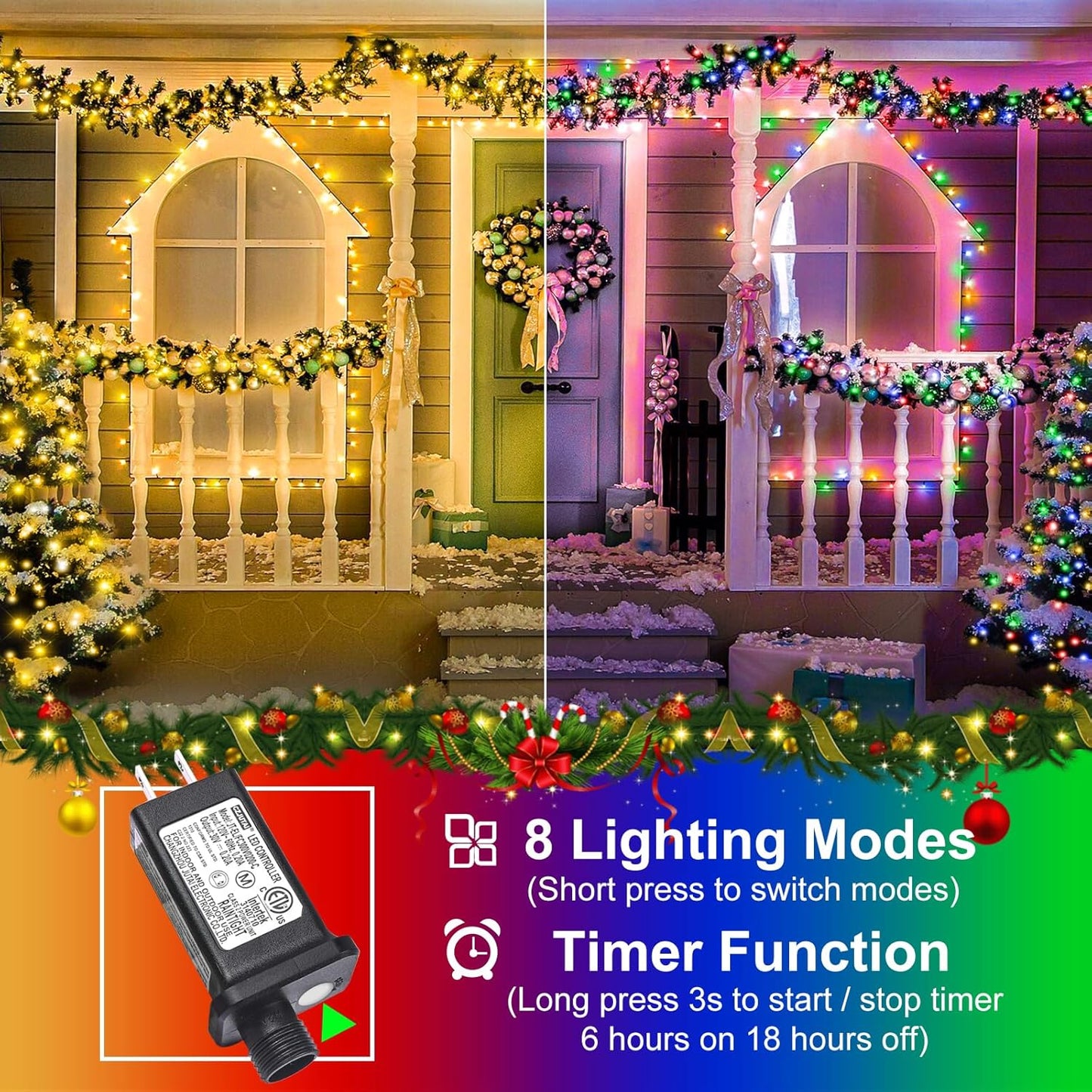2 Pack Christmas Lights Outdoor, Total 200FT 600LED Christmas String Lights Waterproof, Green Wire Twinkle Tree Lights for Indoor Patio Party Decorations, 1 Pack Warm White & 1 Pack Multicolor