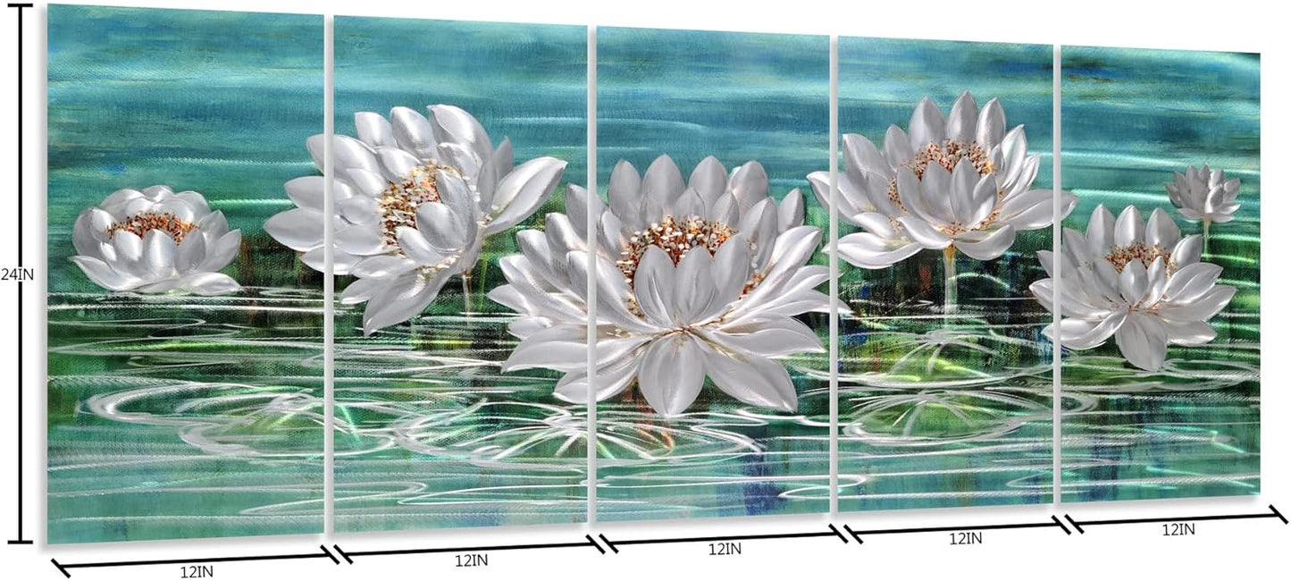 Yihui Arts Lotus Metal Wall Art, Green and Silver Flower Artwork, Hand Grind Aluminum Sculpture for Home Decor