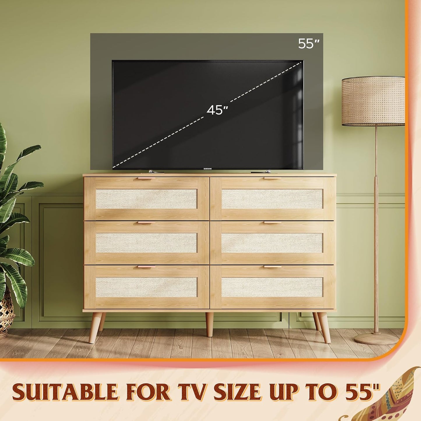 WLIVE Rattan Dresser for Bedroom, 6 Drawer 47.24'' Wide Boho Wood Dresser, Chest of Drawers, Gold Metal Handle, TV Stand for 55 inch TV, Storage Cabinet for Living Room, Hallway, Light Oak