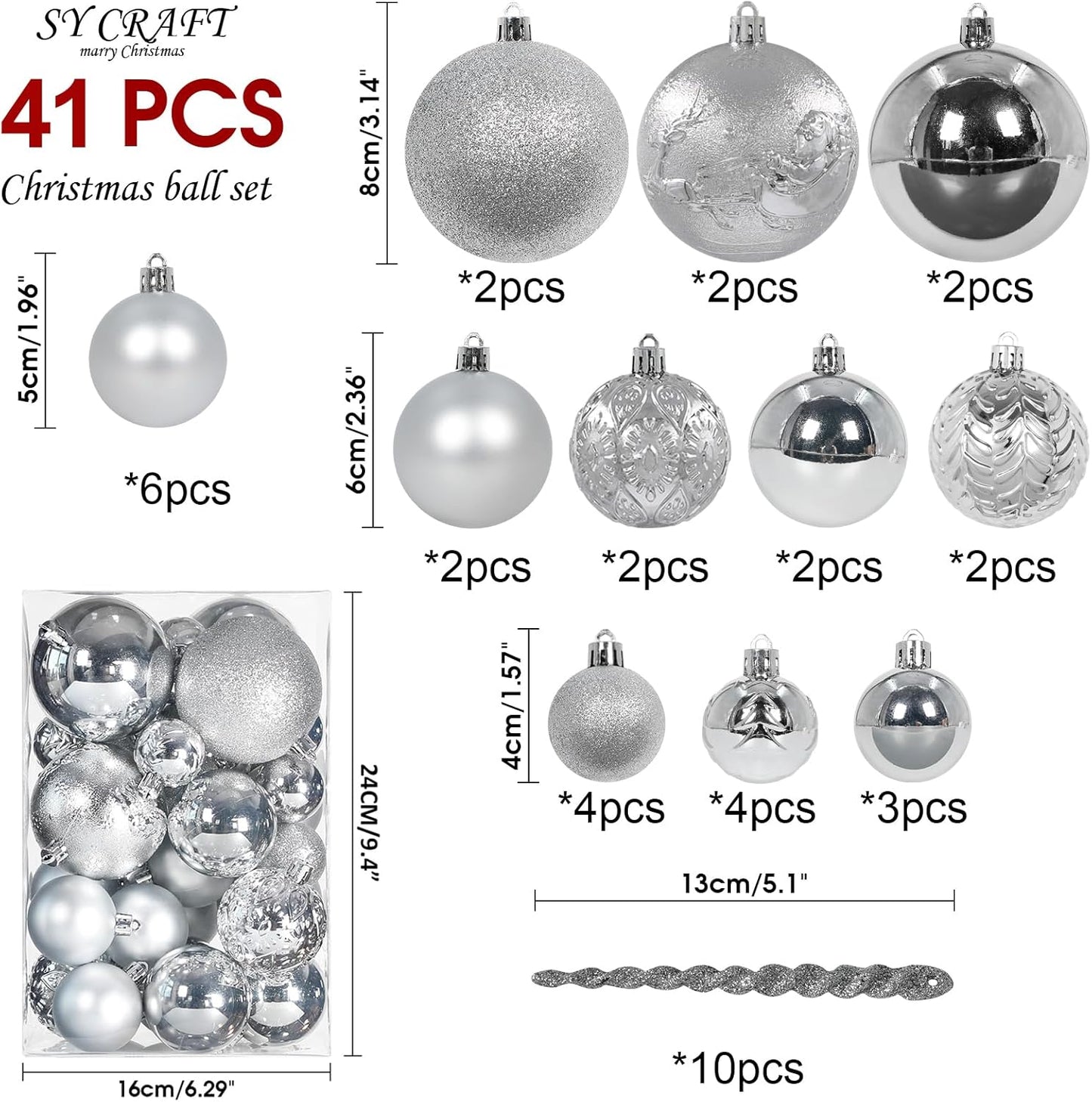 Christmas Ball Ornaments for Christmas Decorations - 41 Pieces Xmas Tree Silver Shatterproof Ball Ornaments with Hanging Loop for Holiday and Seasonal Decoration