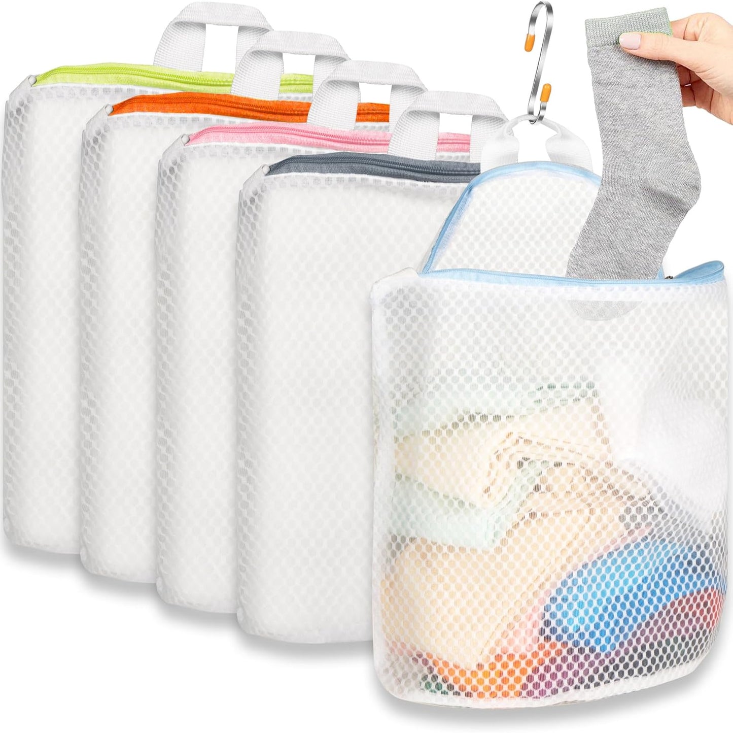 5Pcs Hanging Laundry Bags for Socks with S Hooks, 5 Color Mesh Laundry Bags for Washing Machine