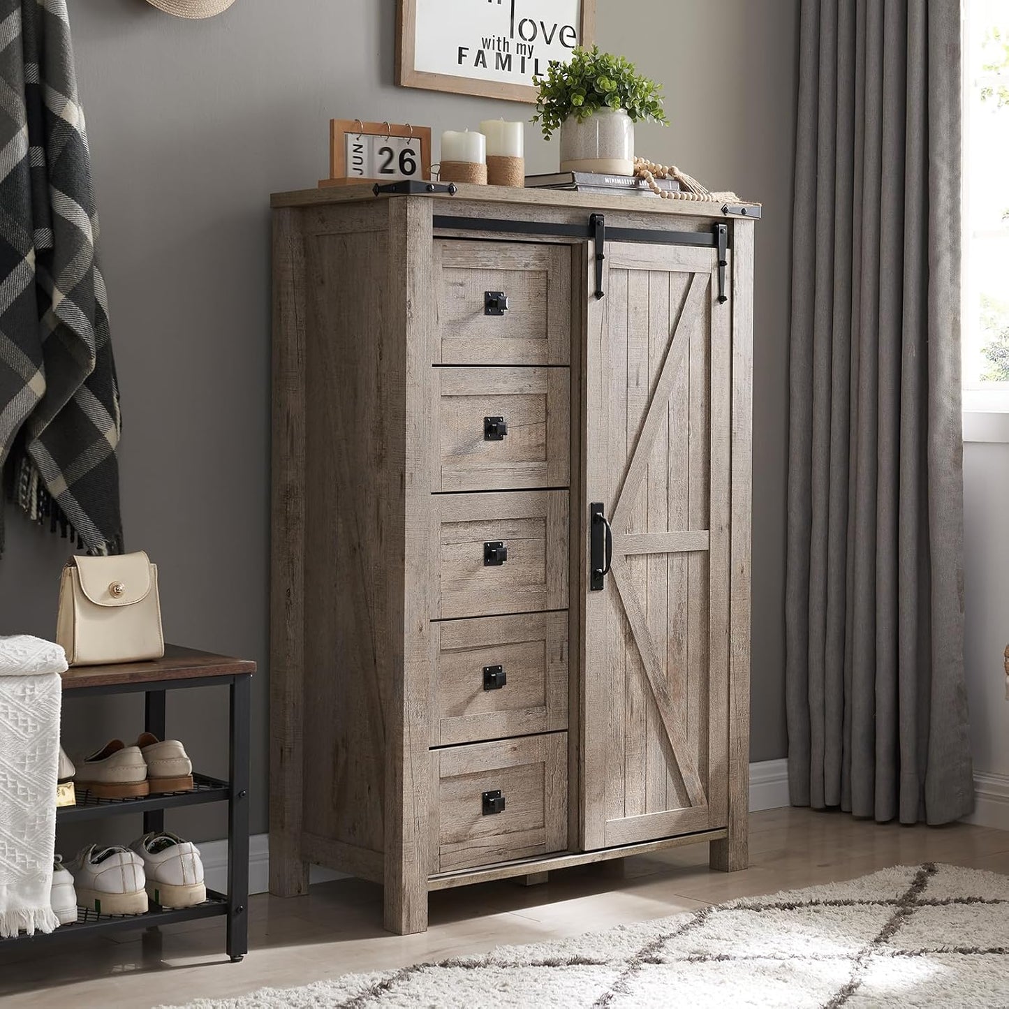 T4TREAM 5 Drawers Dresser for Bedroom w/Sliding Barn Door, Farmhouse Modern Tall Dresser 5 Chest of Drawers, Storage Organizer for Bedroom, Hallway, Living Room, Kids Room, Light Rustic Oak
