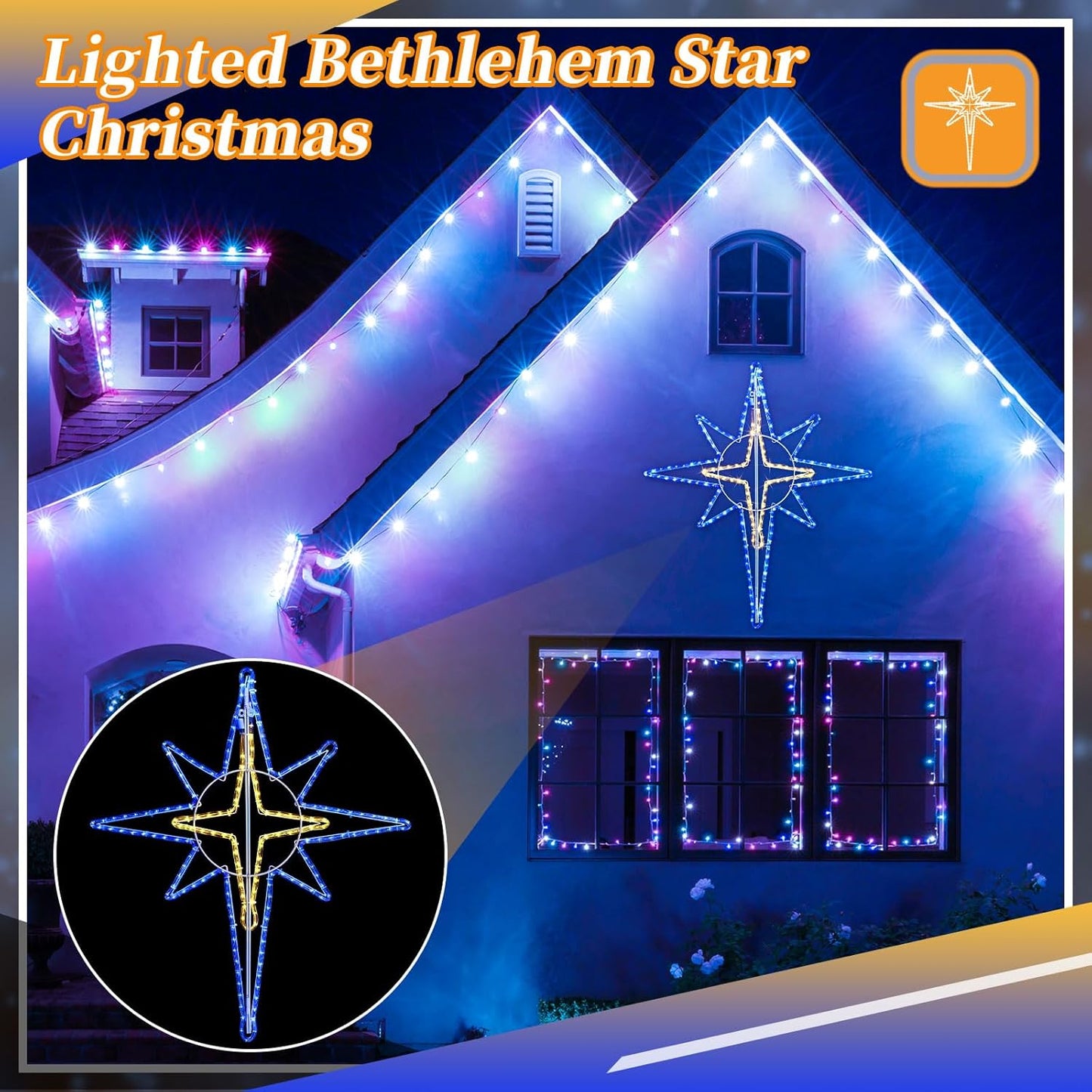 51'' Christmas Star of Bethlehem LED Star Hanging Lights Nativity Holy Family Light for Door Window Porch Wall Decoration Plug Operated Lighted Hanging Tree Topper(Blue, White)
