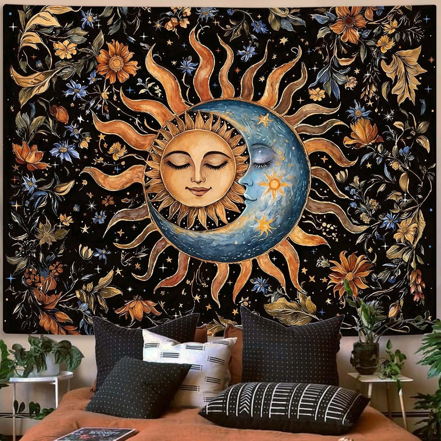 Aipon Sun and Moon Tapestry for Bedroom Boho Vintage Floral Hippie Wall Tapestry Aesthetic Retro Flower Plant Large Tapestries Wall Hanging for Living Room Dorm Decor 90 x 68 Inch