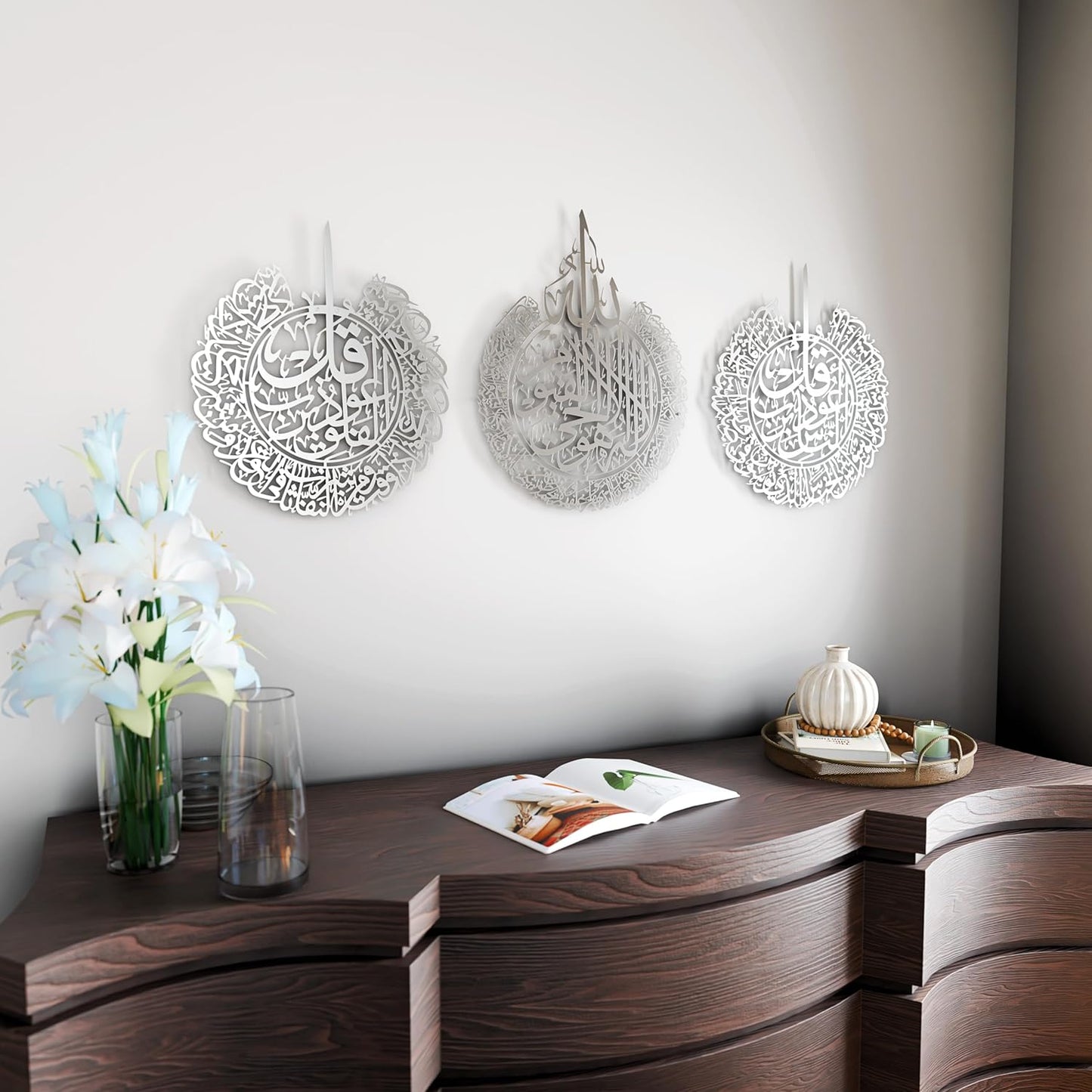 IWA CONCEPT Metal Set of Ayatul Kursi, Surah Al Falaq and Surah An Nas | Islamic Ramadan Wall Decorations | Modern Muslim Housewarming Gift | Calligraphy | Quran Wall Art | (Matte Silver, XLarge)