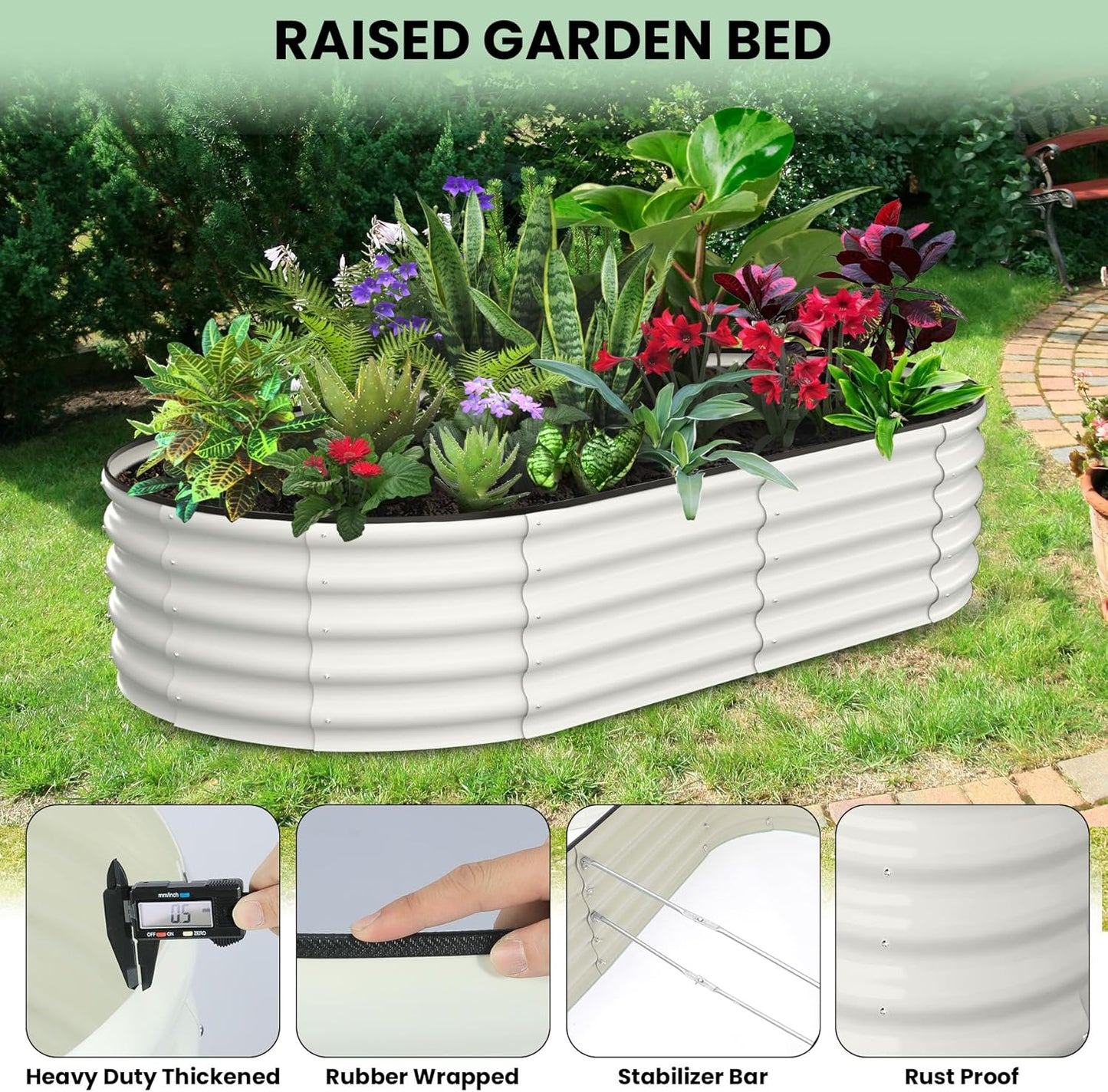 2 Pcs 6x3x1ft Oval Raised Garden Bed, Galvanized Raised Beds,Open-Ended Base Metal Raised Planter Beds,Garden Bed Outdoor,Planter Raised Boxes for Vegetables, Flowers,Tool-Free Asse,White