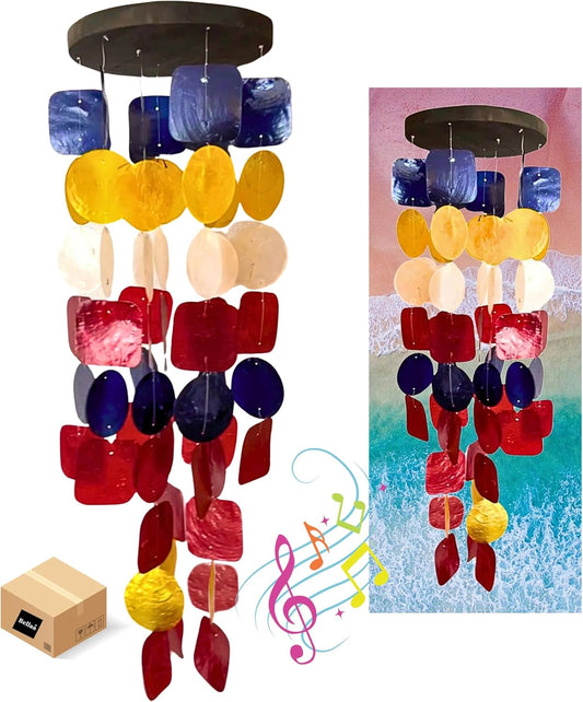 Bellaa 24872 Wind Chimes Outdoor, Garden Decorations, Musical, Indoor/Outside Windchimes, Beach, Ocean Breeze, Gifts for Mom, Gift for All Occasions, Sea Glass Shells Wood Red Blue Yellow White