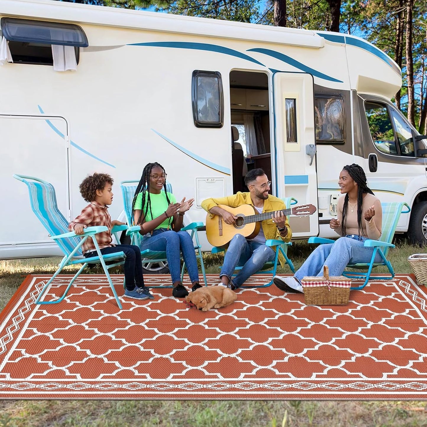 GAOMON Outdoor Rug Waterproof 8'x10', Reversible Outdoor Plastic Straw Rug, Boho Patio Rug, Indoor Outdoor Carpet, RV Mat Outside for Patio, Camp, Picnic, Balcony, Deck, Orange/White(Geometric)