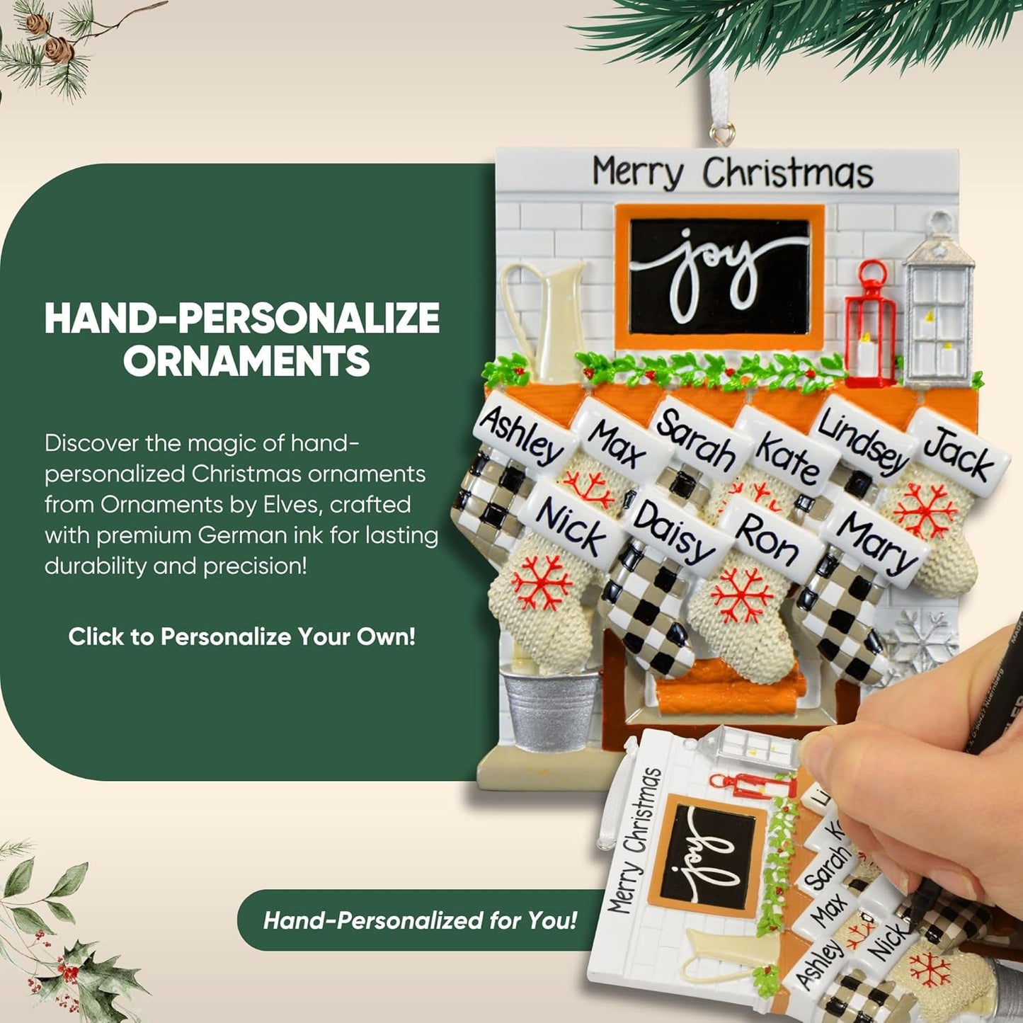 3D White Mantle Family of 8 Christmas Ornament 2025 Personalized Family Christmas Ornaments 2025 | Garland Fireplace Personalized Tree Ornaments Customizable Gifts Red Stockings of Eight Ornament