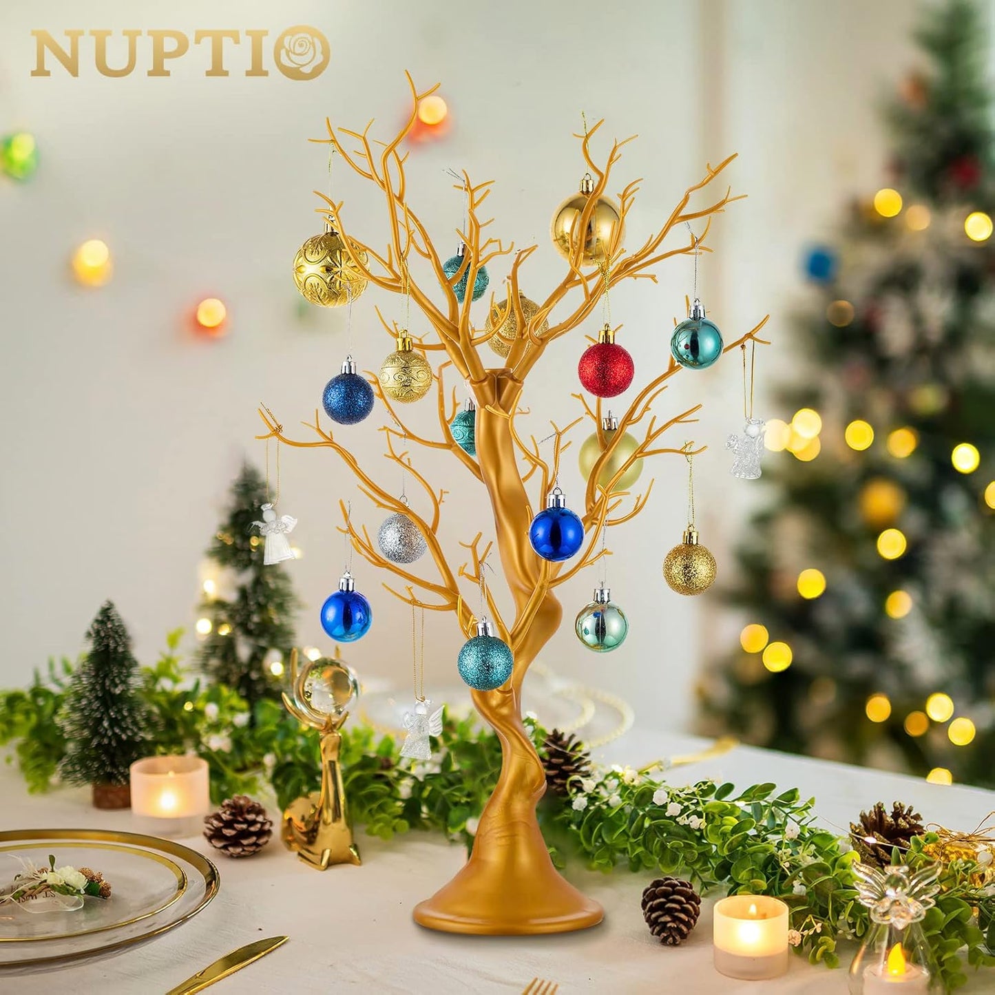 Nuptio 22.8 inch Tall Gold Christmas Tree Branch Artificial Manzanita Tree Centerpiece Wedding Centerpieces for Tables, Decorative Ornament Display Tree Branches for Decoration Weddings (2 Pc)