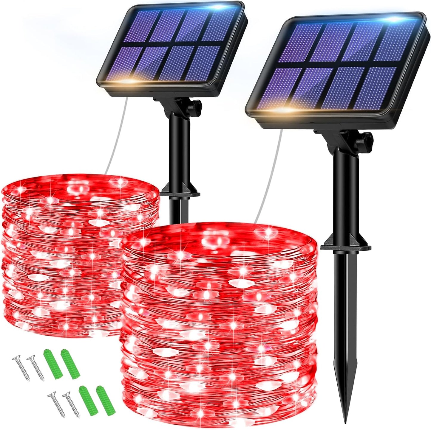 2 Pack Solar String Lights Outdoor - 160LED 66FT Solar Fairy Lights Waterproof 8 Modes, Copper Wire Solar Powered Twinkle Lights for Outside Tree Garden Christmas Wedding Party Decor, Red