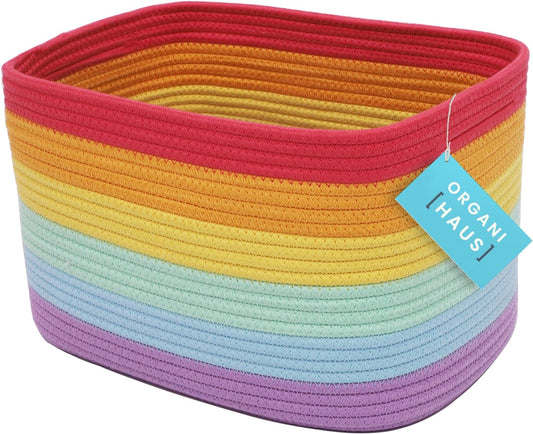 OrganiHaus Rainbow Woven Storage Baskets for Organizing, Cotton Rope Organizer Bins for Shelves, Closet & Nursery, Dog Toy Basket, Decorative Bins for Toys, Towels & Books - 15x10x9