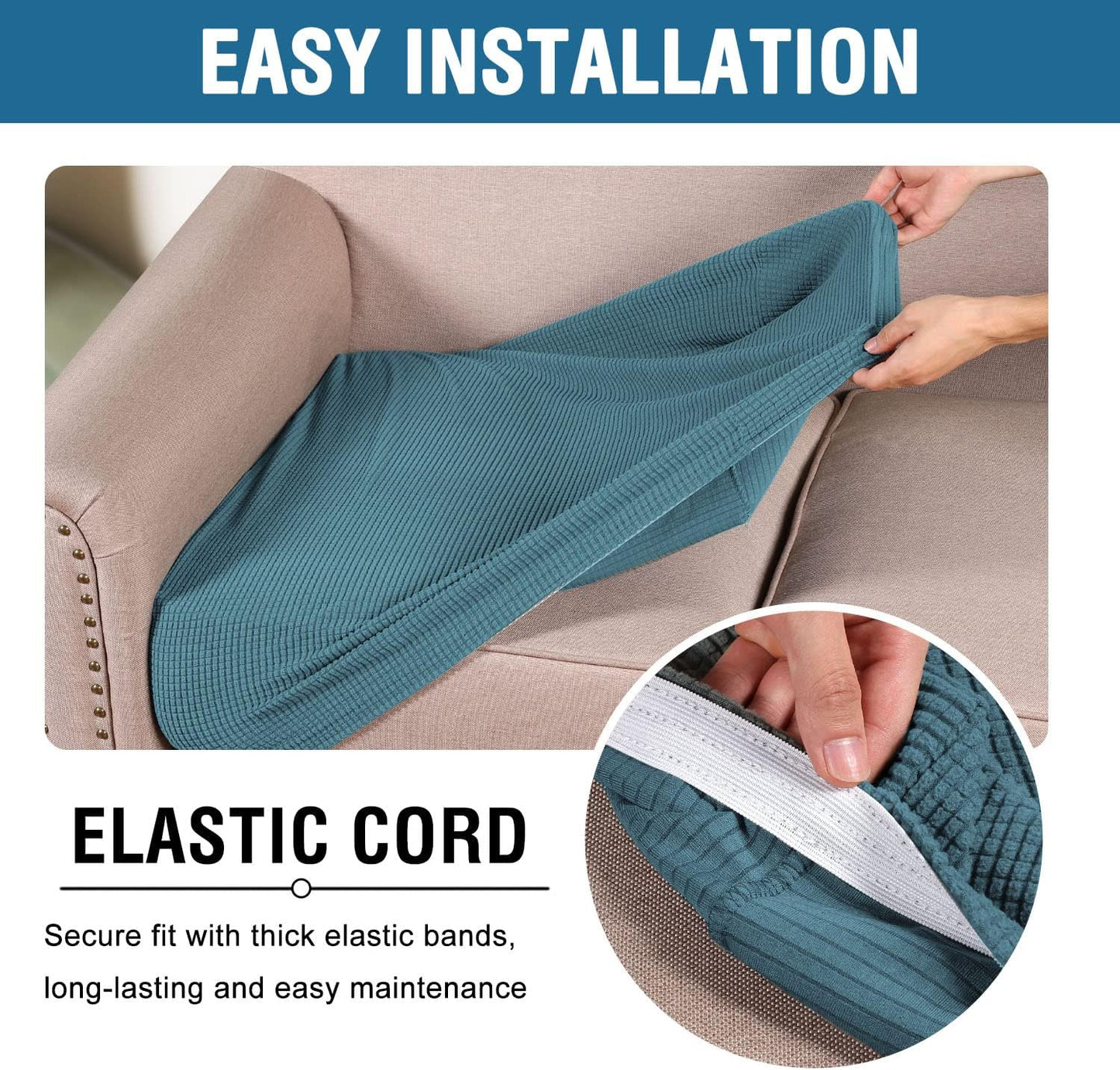 H.VERSAILTEX Super Stretch Individual Seat Cushion Covers Sofa Covers Couch Cushion Covers Slipcover Sets Thick Jacquard Textured Twill Fabric (2 Piece Large Sofa Cushion Covers, Storm Blue)