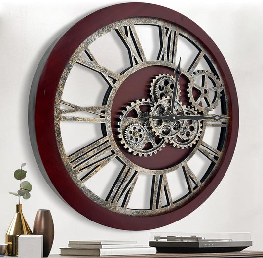 The B-Style Large Wall Clock 24 inch Moving Gear Wall Clock Oversized Vintage Farmhouse Wall Clocks for Living Room Decor Rustic Industrial Wood Clock (Walunt Wood and Bronze)