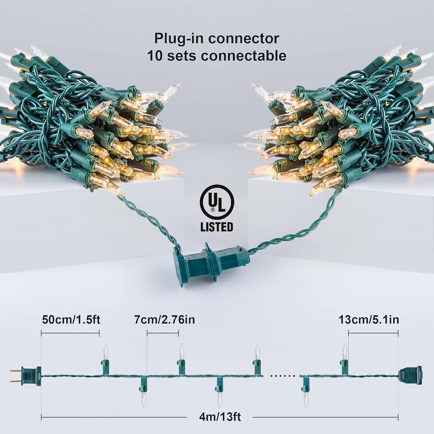 50-Count White Christmas Lights with Green Wire,Mini String Lights for Holiday Decorations, Christmas Tree Lights, Holiday Party, Wedding, Xmas, Home, Indoor & Outdoor Use (13ft Long)