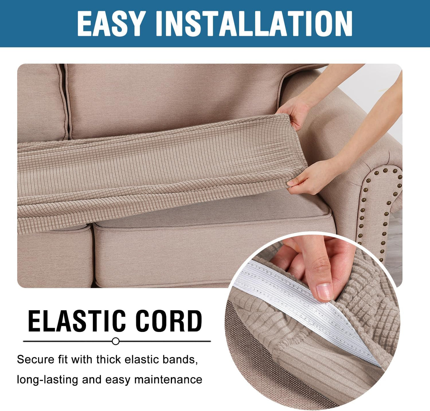 H.VERSAILTEX Super Stretch Individual Seat Cushion Covers Sofa Covers Couch Cushion Covers Slipcover Sets Thick Jacquard Textured Twill Fabric (1 Piece Loveseat Cushion Cover, Sand)