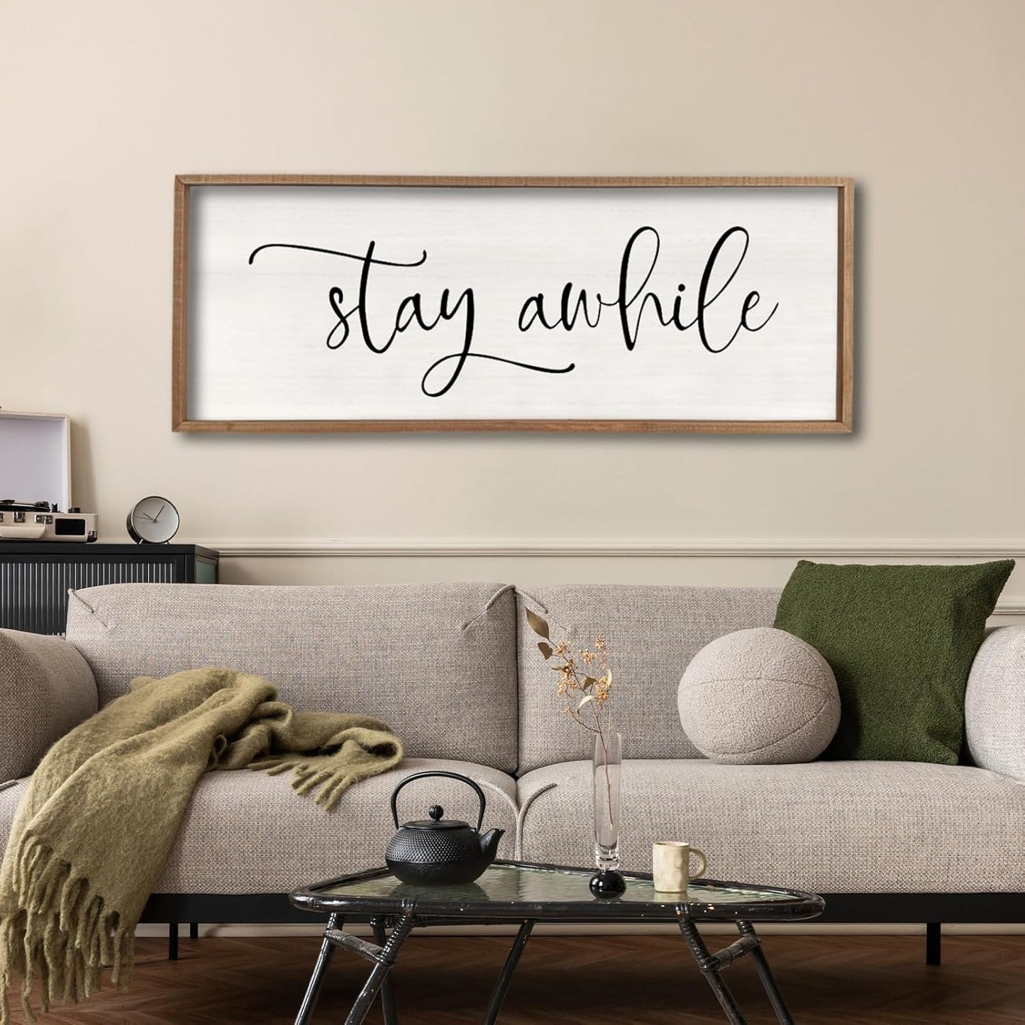 Stay Awhile Sign Wall Decor Sign 40"X15" Large Living Room Entryway Wood Framed Rustic Wall Decor for Vintage Farmhouse Foyer Hanging Lets Stay Home Wall Art (Wood)