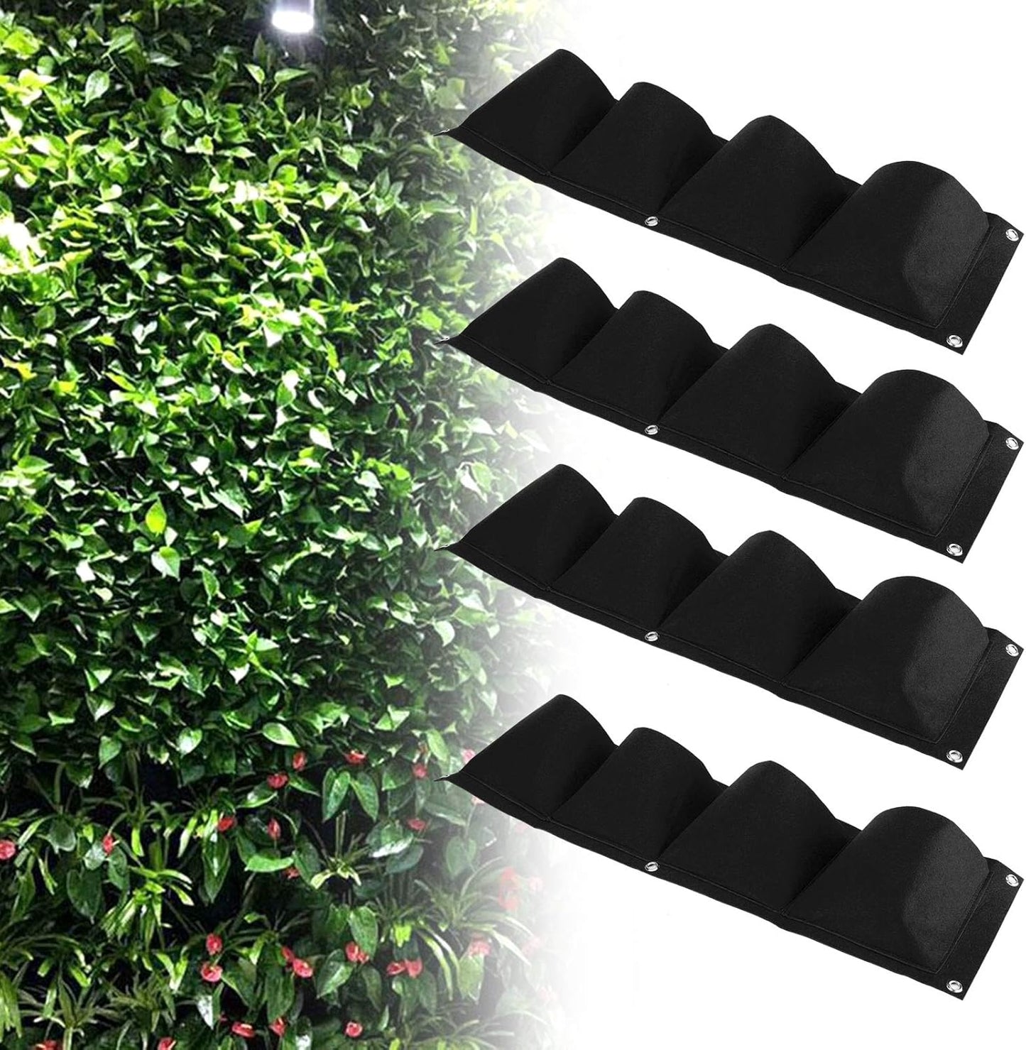 4Pcs 4 Pocket Felt Vertical Wall Garden Planter Plant Grow Bag Reusable Wall Mounted Planting Growing Bag for Flower Vegetable(Black)