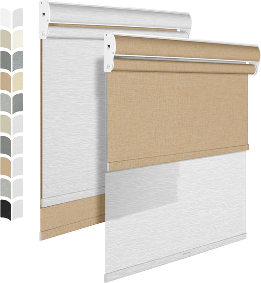 BERISSA Cordless Dual Roller Shades with Cassette Valance, Double Window Shades - Blackout and Light Filtering, Day and Night Shades for Home Office Door. Linen Beige and White. 33W x 64H