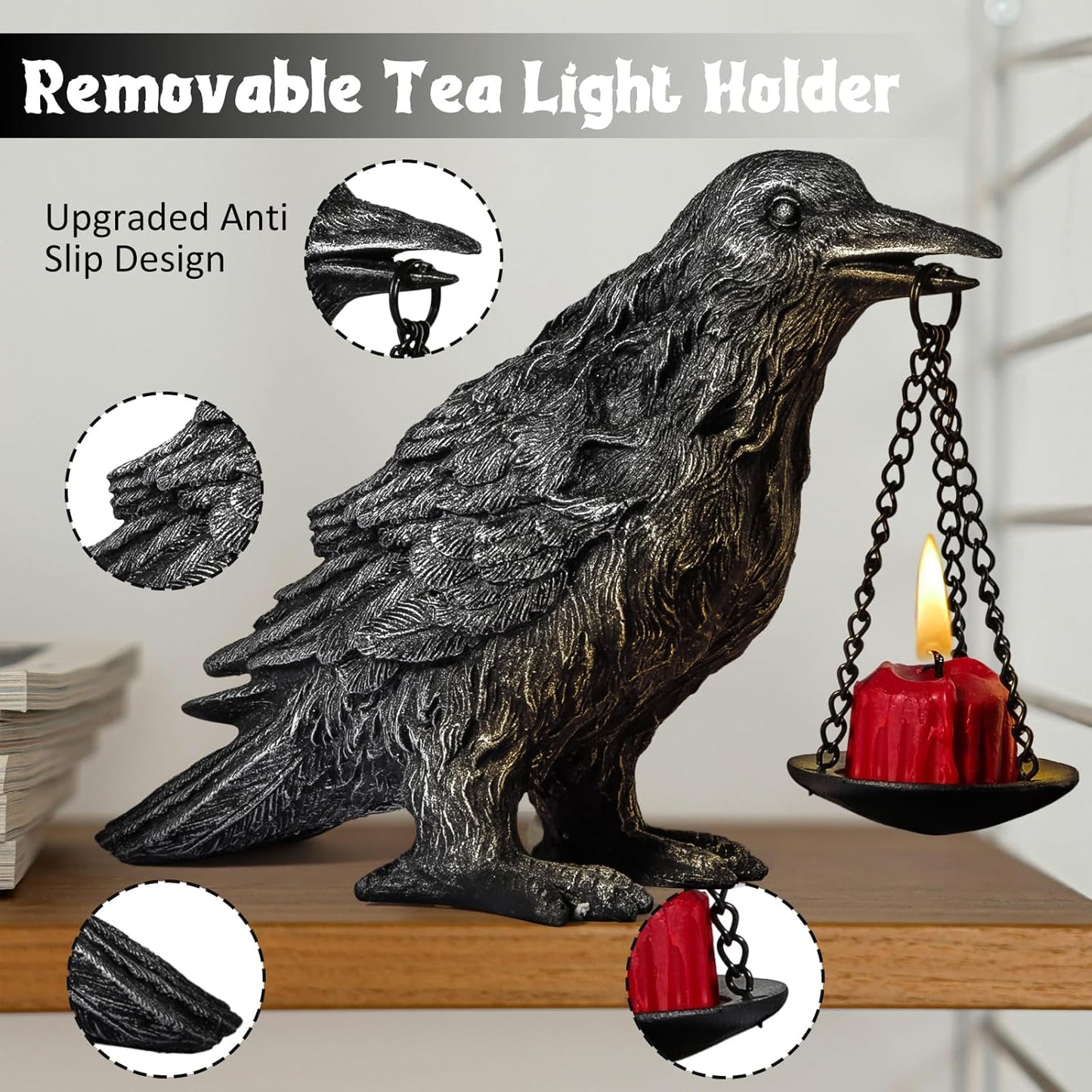 Gothic Home Decor Fake Crow Light Holder Raven Lamp Tealight Candle Holder Resin Statue Half Silver