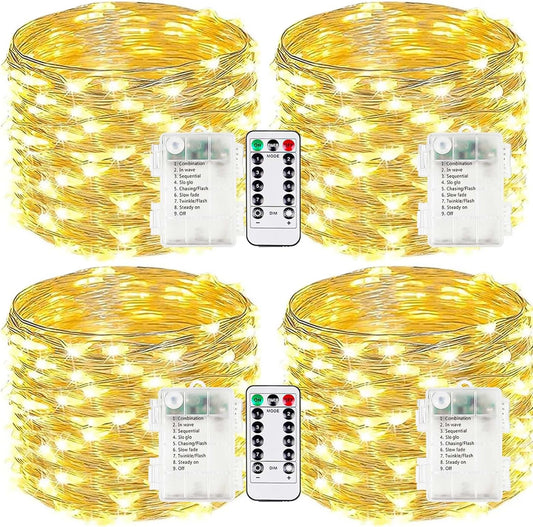 4-Pack Fairy Lights Battery Operated with Remote, Waterproof 33FT 100 LED Battery String Lights Outdoor Indoor, 8 Modes Twinkle Lights with Timer for Bedroom Classroom DIY Christmas Decor (Warm White)