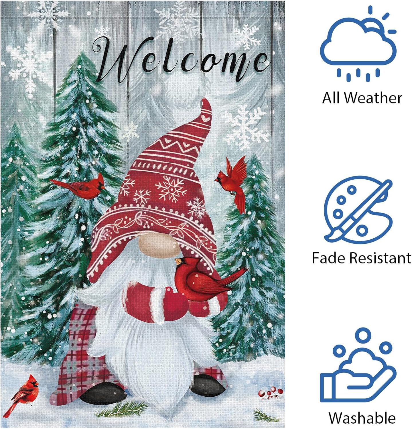 Heyfibro Welcome Christmas Garden Flag Winter Gnome Garden Flags 12x18 Double Sided Burlap Cardinals Snowflakes Snow Garden Yard Flags for Seasonal Outside Outdoor House Decoration (ONLY FLAG)