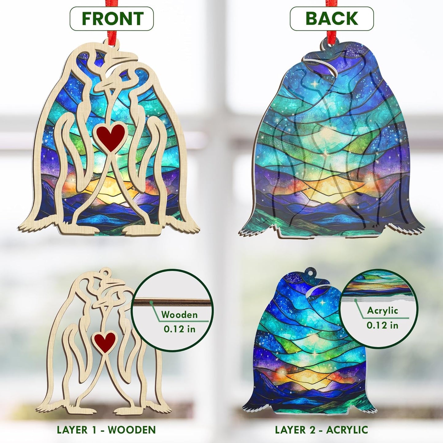 TEEZWONDER Anniversary Couple Gifts for Men Women - Suncatcher Christmas Ornaments 2025 Tree Decorations with Card - Penguin Gifts for Her Him, Husband Wife Birthday Gift Ideas Christmas Decorations