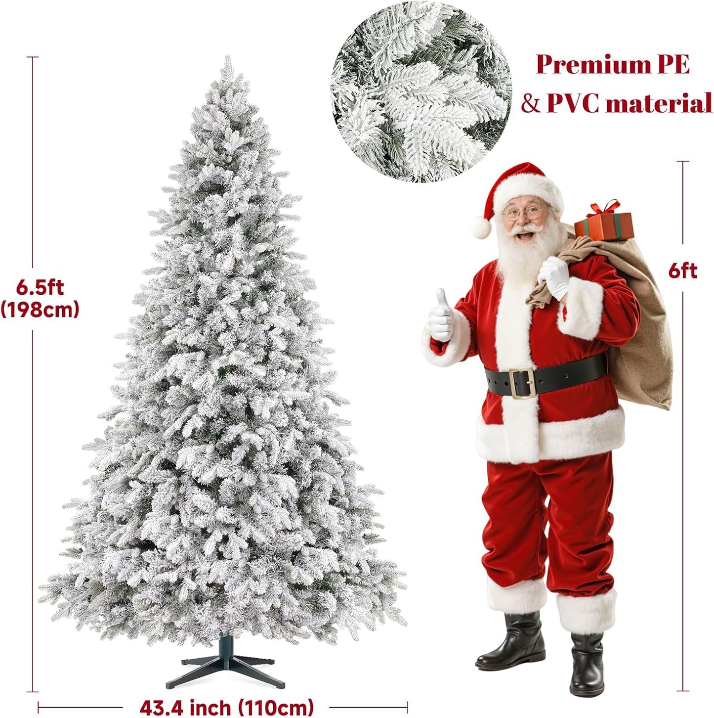 6.5FT Snow Flocked Pre-Lit Christmas Tree with 360° Rotating Base, 1036 PE/PVC Tips, 340 LED Lights, 8 Modes, Dimmable and Timer Functions, Musical Artificial Xmas Tree for Holiday Decor