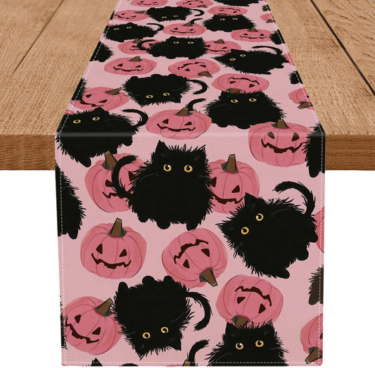 Halloween Table Runner Pink Halloween Decor Black Cat Pumpkins Seasonal Kitchen Dining Table Home Party Decorations 13x72 Inch