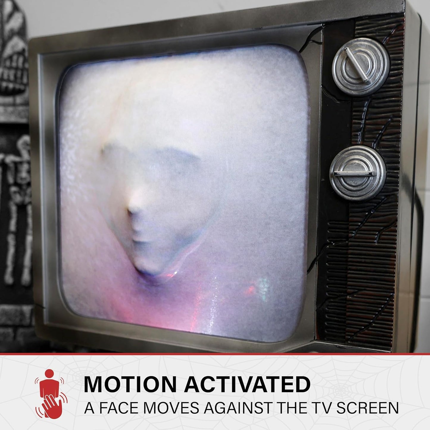 Haunted Hill Farm Haunted TV by Tekky, Battery-Operated, Motion Activated Animatronic Television with Sound Effects and Lights for Indoor or Covered Outdoor Creepy Halloween Decoration, 11" Haunted Tv