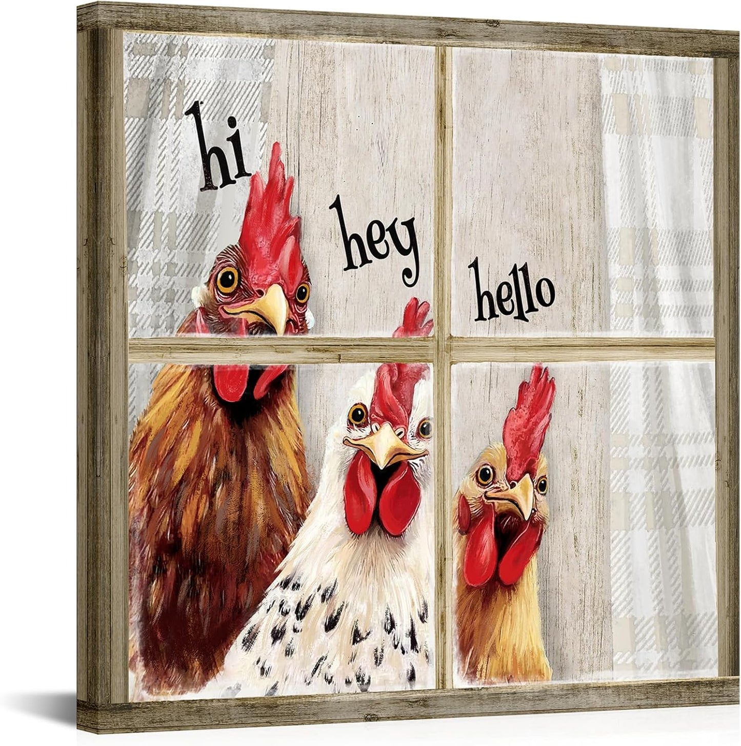 Visual Art Decor Funny Rooster Wall Art Chicken Picture Rustic Farmhouse Front Door Welcome Sign Framed 12x12 inch, Rustic Brown