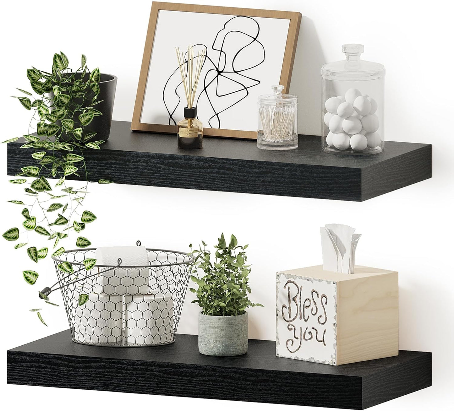 Black Floating Shelves for Wall, 16 inchs x 6.7” deep x 1.4” Wall Shelf for Bathroom Bedroom, Living Room, Kitchen, Office Home Decor, Narrow Wood Shelves with Invisible Brackets Set of 2