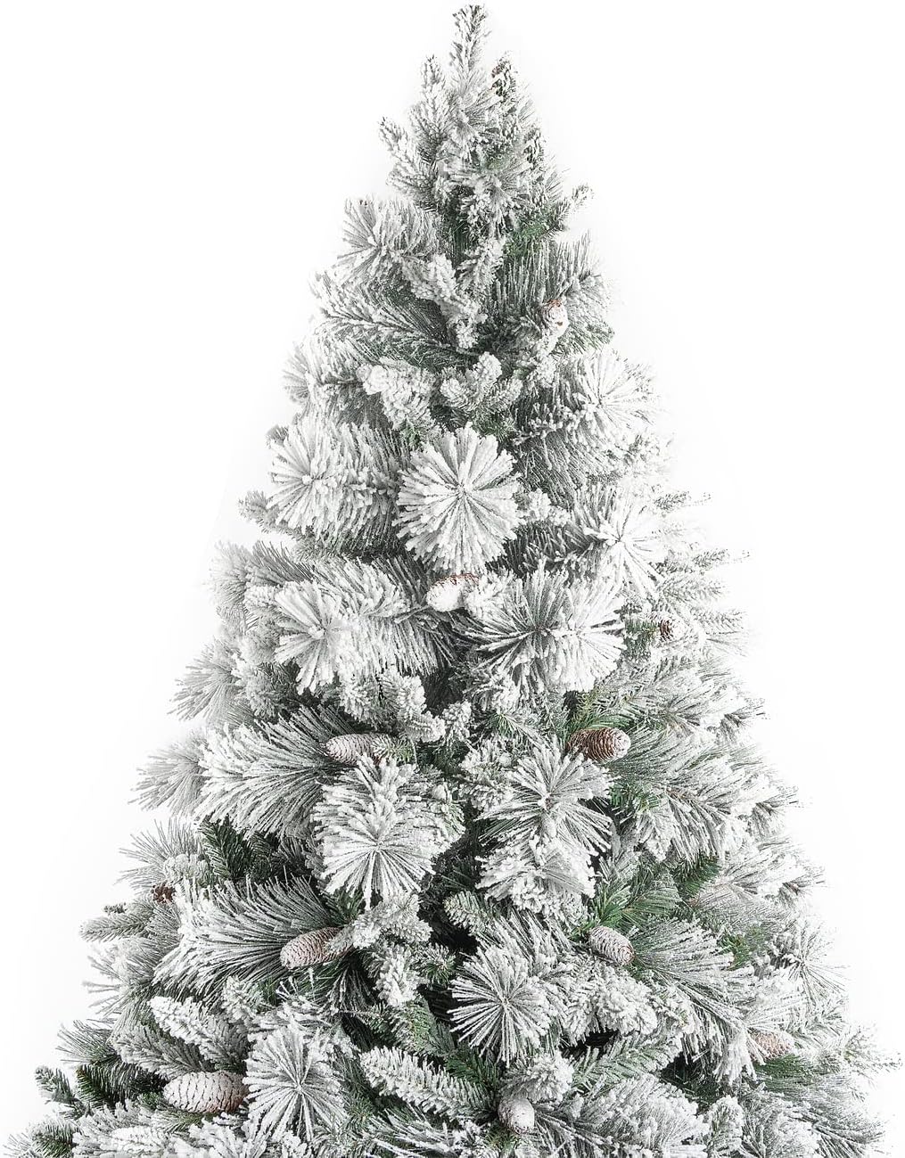 Glasgow 6.5ft Frosted Prelit Artificial Christmas Tree with Pine Cones, Foot Pedal, 1040 Branch Tips, 650 Warm Lights & Metal Stand, 56" Wide Realistic Snow Flocked Pine Christmas Tree with Lights