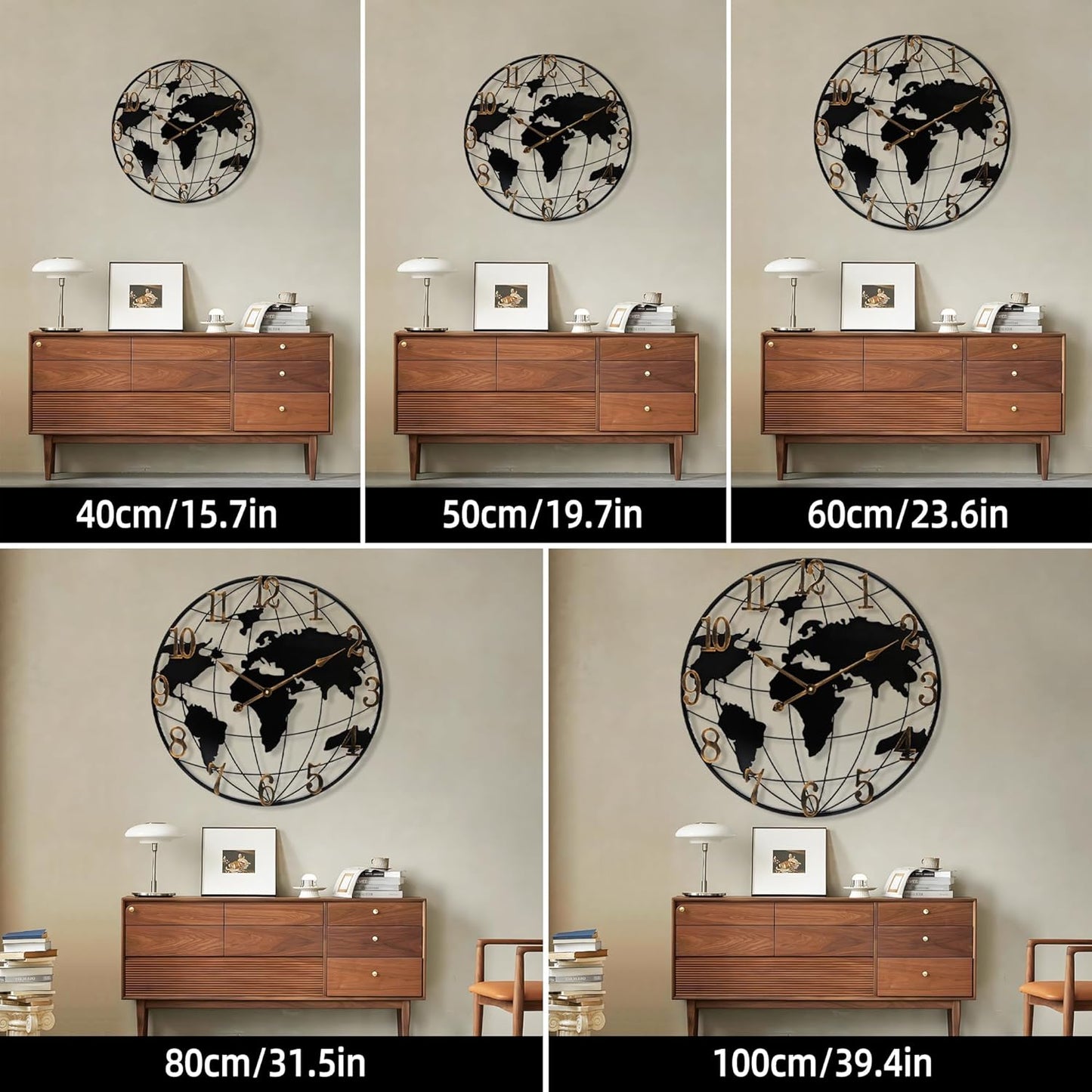 Large Round Metal World Map Clock - 16 Inch Minimalist Modern Silent Non-Ticking Battery Operated Wall Clock for Living Room, Kitchen, Office, Farmhouse Home Decor