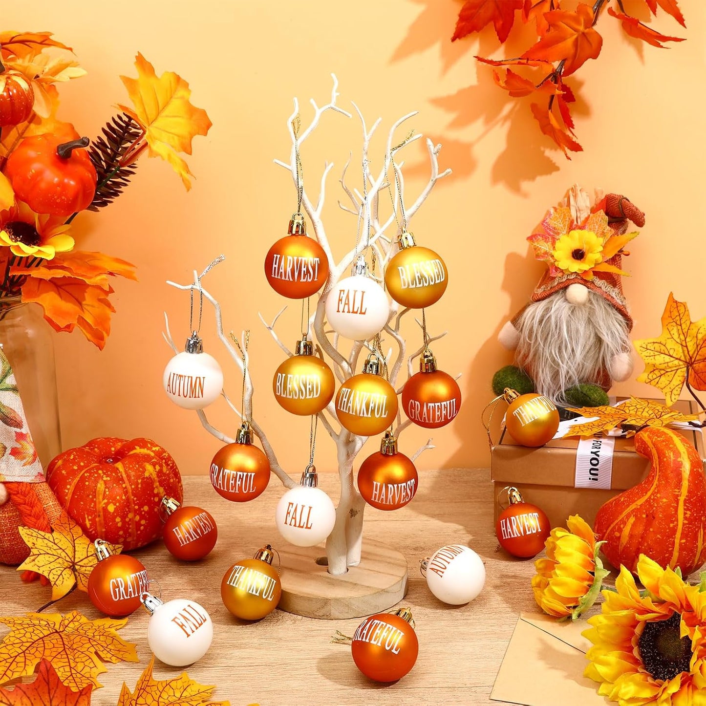 24Pcs Thanksgiving Day Hanging Ball Ornaments, Fall Tree Decorations Autumn Harvest Hanging Ornaments with Rope for Farmhouse Rustic Party Favors Craft Supplies