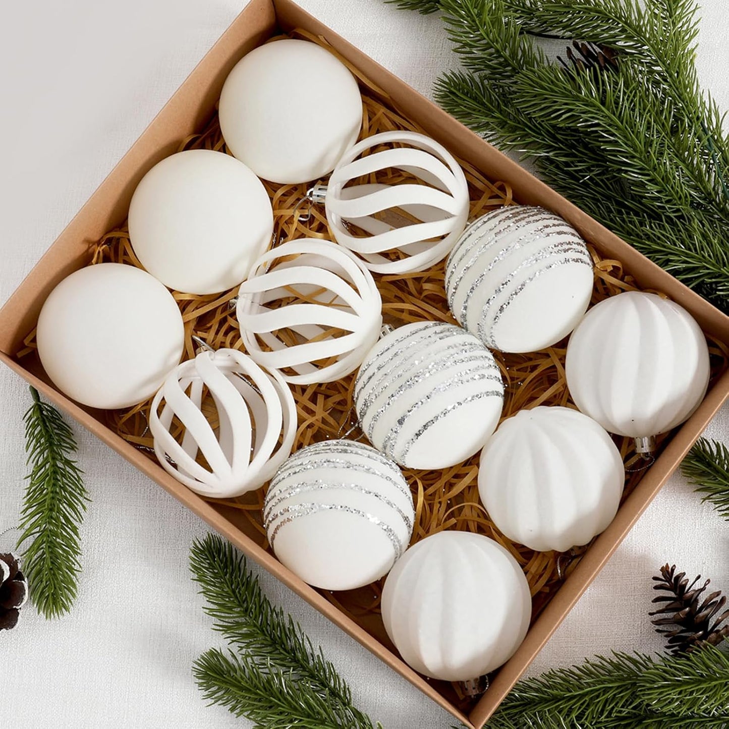 Christmas Ornaments Set of 12, 3.15" Flocked Velvet Balls with Hand Painted Designs, White Elegant Christmas Tree Decorations in Gift Box