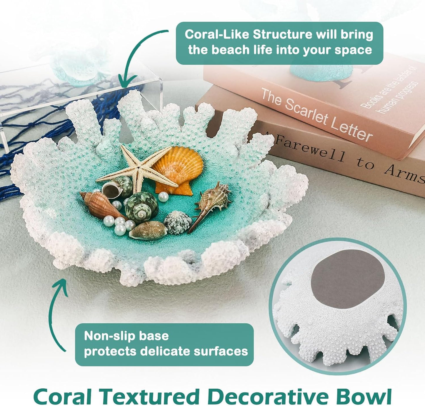 Turquoise Coral Textured Decorative Bowl,9.45" Medium Resin Decorative Centerpiece Bowl for Coastal Beach theme house table centerpiece decorations & Nautical decorations for coffee table