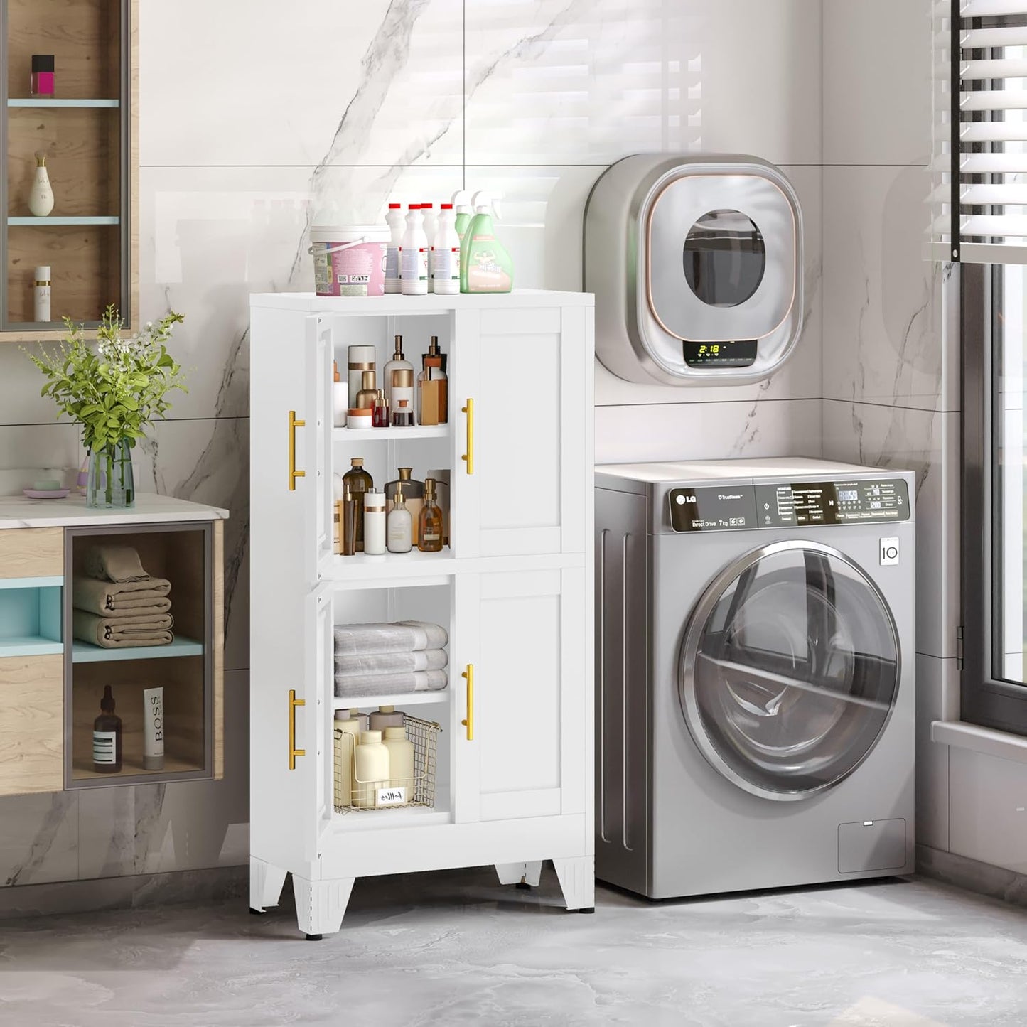 47.25" Metal Pantry Cabinet, Storage Cabinets with 4 Door and 2 Adjustable Shelves, White Bathroom Cabinet, Freestanding Cupboard for Kitchen Dining Living Room Bathroom