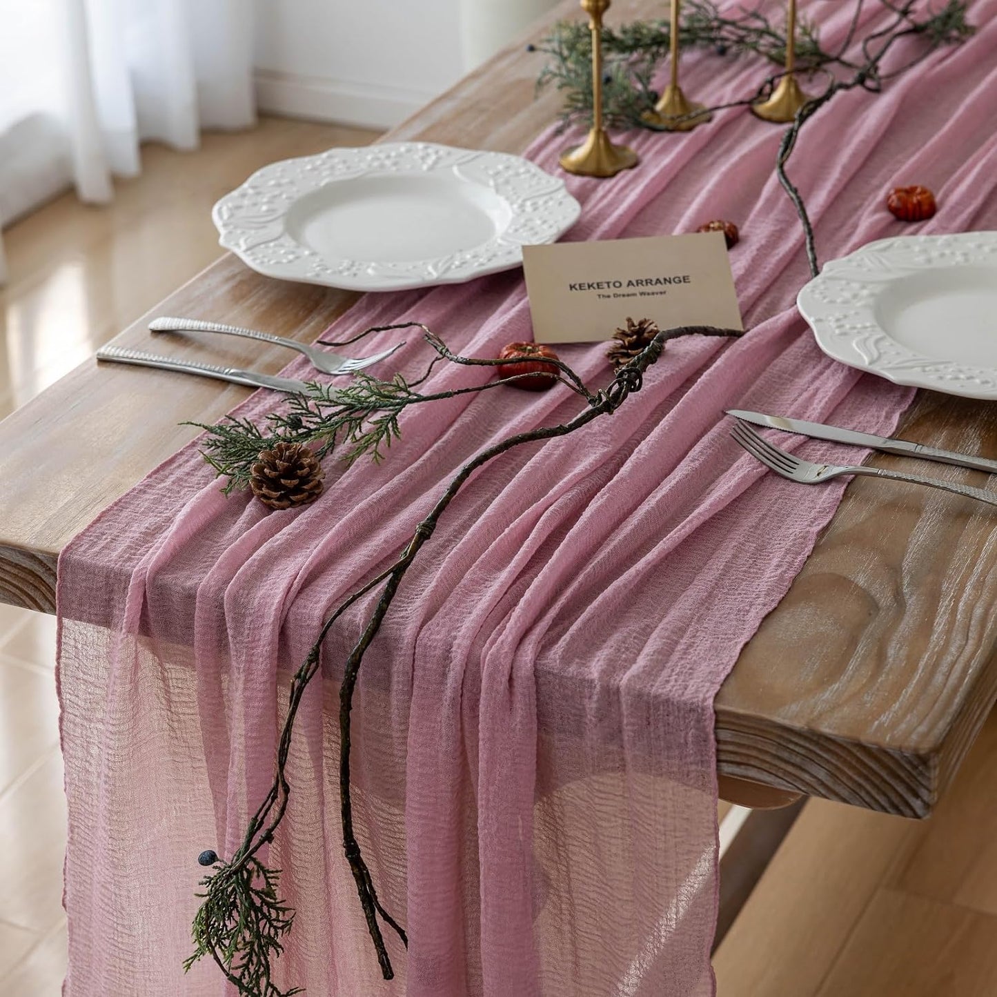 6pcs Cheesecloth Table Runner Dusty Rose Gauze 120 Inch 10 FT Rustic Boho Cheese Cloth Runner for Wedding Baby Shower Bridal Shower Party Long Sheer Centerpiece Fall Home Decoration