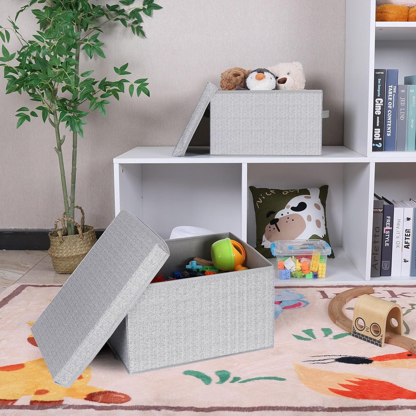 WUIKE 3 Pack Large Storage Bins with Lids, Fabric Closet Shelf Organizers, FoldableStorage Baskets with Cover for Bedroom, Herringbone Gray