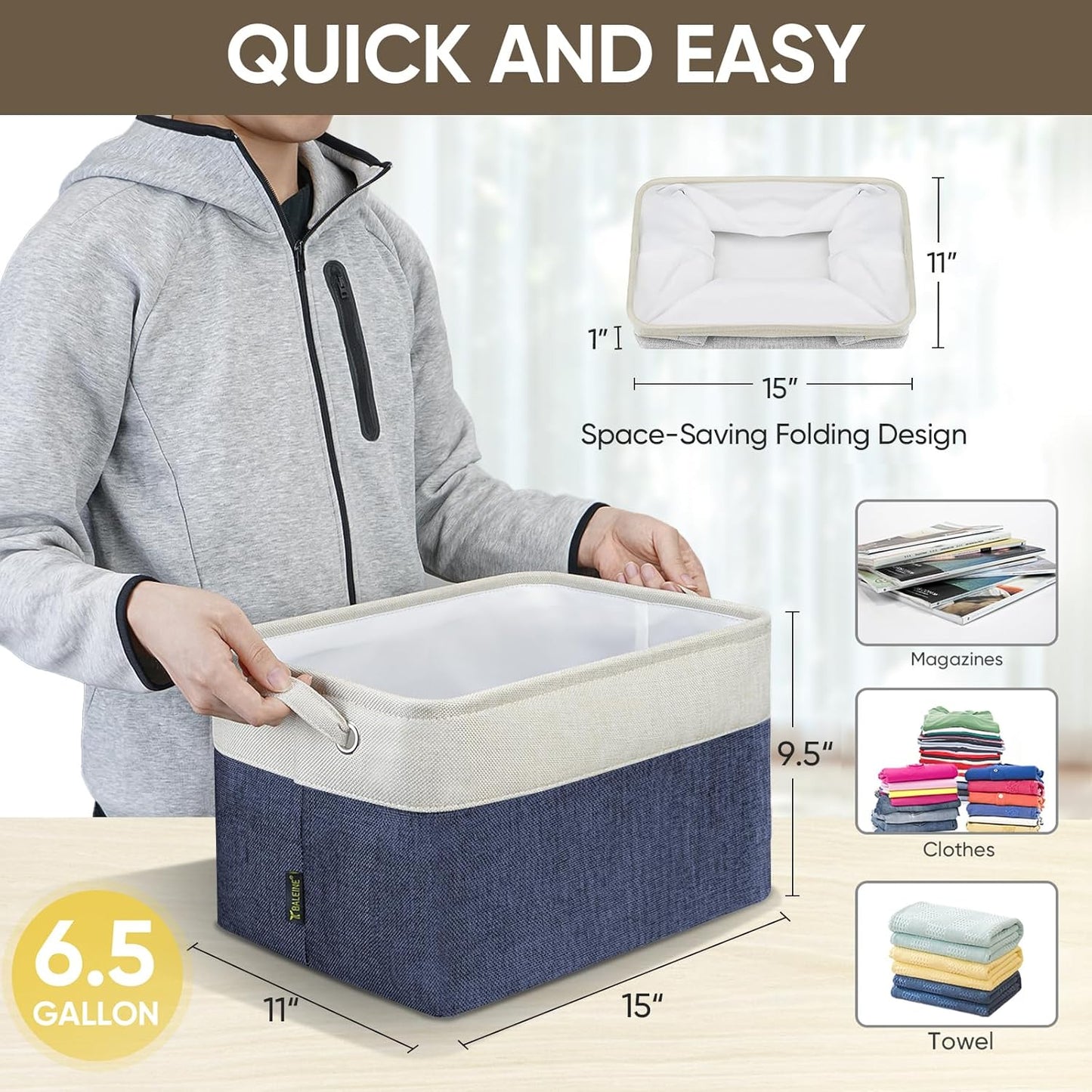 BALEINE 1 Pack Fabric Storage Bins for Shelves, Linen Storage Baskets for Organizing, Decorative Closet Bins for Clothes, Home (Navy Blue, 15''x11''x9.5'')