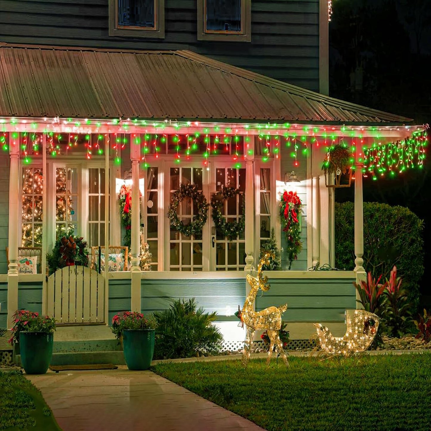 66ft Icicle Lights for Outside, Red and Green Christmas Lights Outdoor Indoor, 640 LED Twinkle String Lights with 120 Drops, Clear Wire Short Curtain Light for Thanksgiving Room Home Wall Bedroom