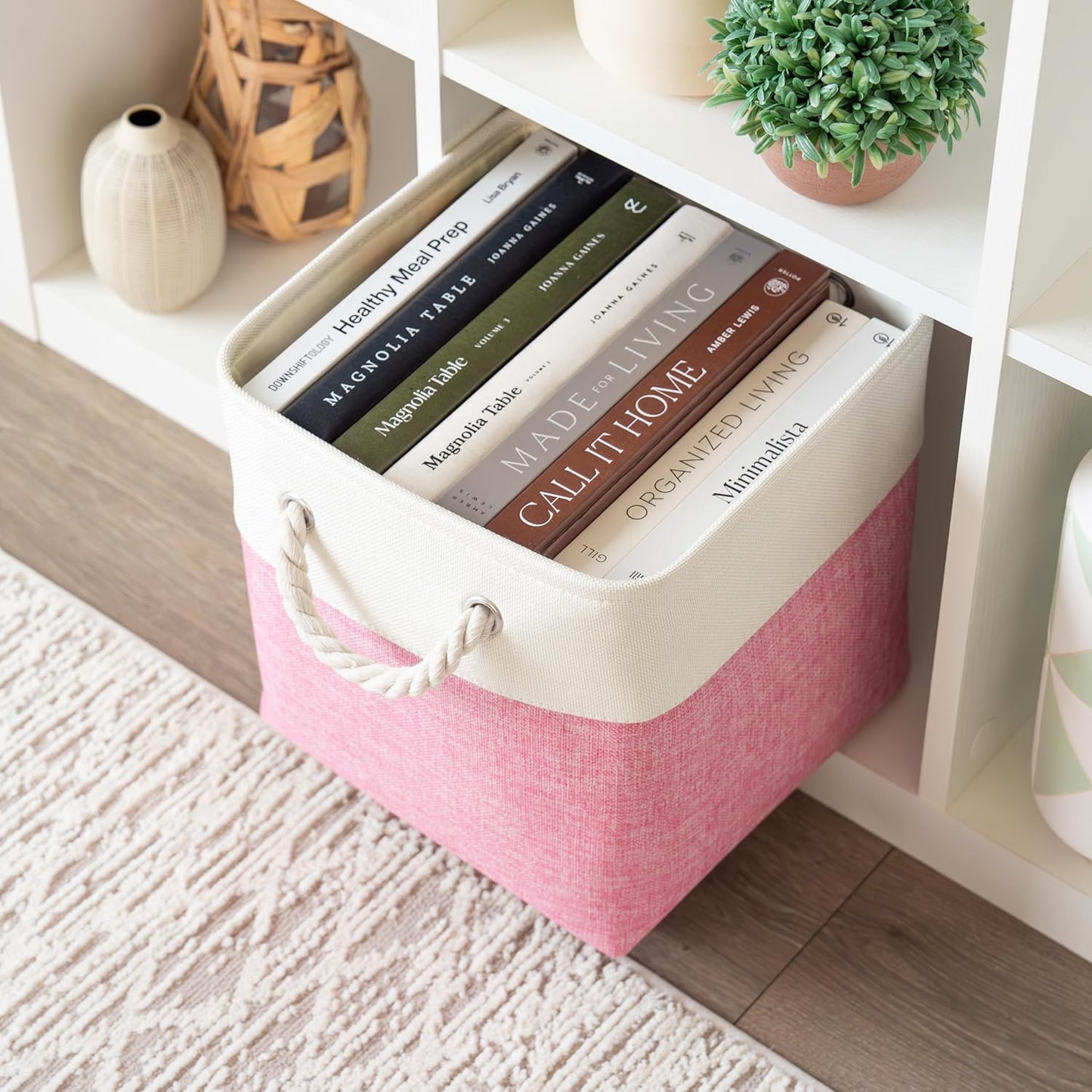 OrganiHaus 11x11 Cube Storage Bins 4 Pack, Foldable Cube Storage Organizer w/ Rope Handles, Collapsible Fabric Bins for Toys, Clothes & Closet Organization, Fabric Square Baskets - Pink/White