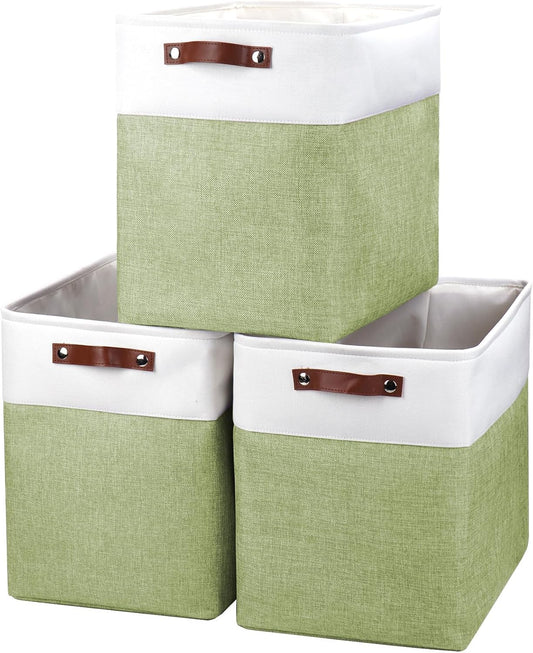Large Fabric Storage Baskets | 50L Storage Bins, Decorative Linen Closet Baskets with Handles for Organizing, Shelf, Toys, Clothes, Home, Office, Nursery, 17x12x15Inches (Green&White)