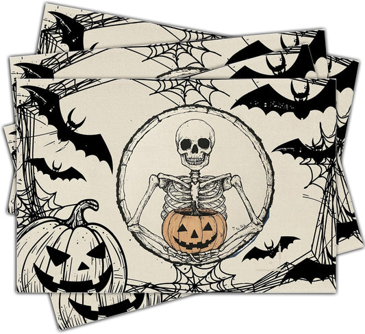 Halloween Skeleton Placemats Set of 4, 12x18 Inch Pumpkin Bats Table Mats, Washable Heat Resistant Place Mats for Kitchen Dining Table, Spooky Themed Decoration for Home-B11