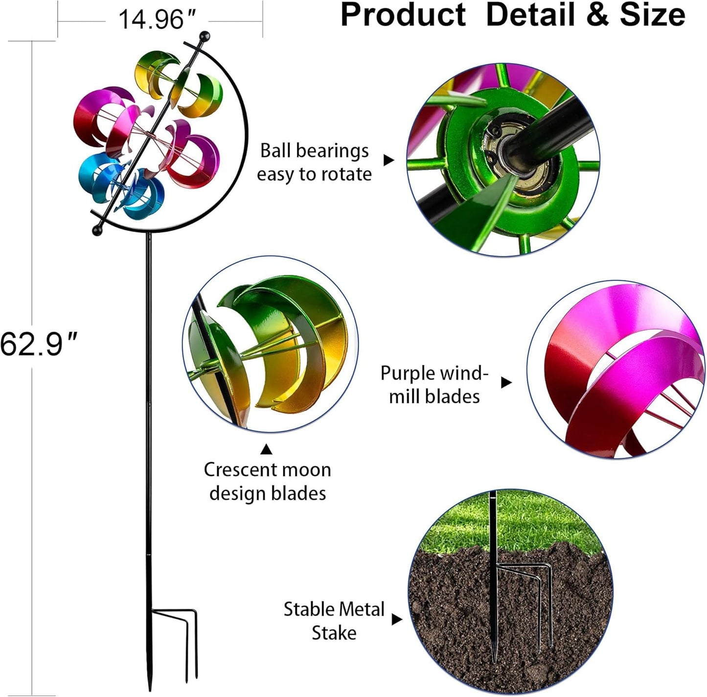 62.9" Large Wind Spinner Outdoor Decor, Garden Art with Metal Stake, Resistant for Yard, Patio and Lawn