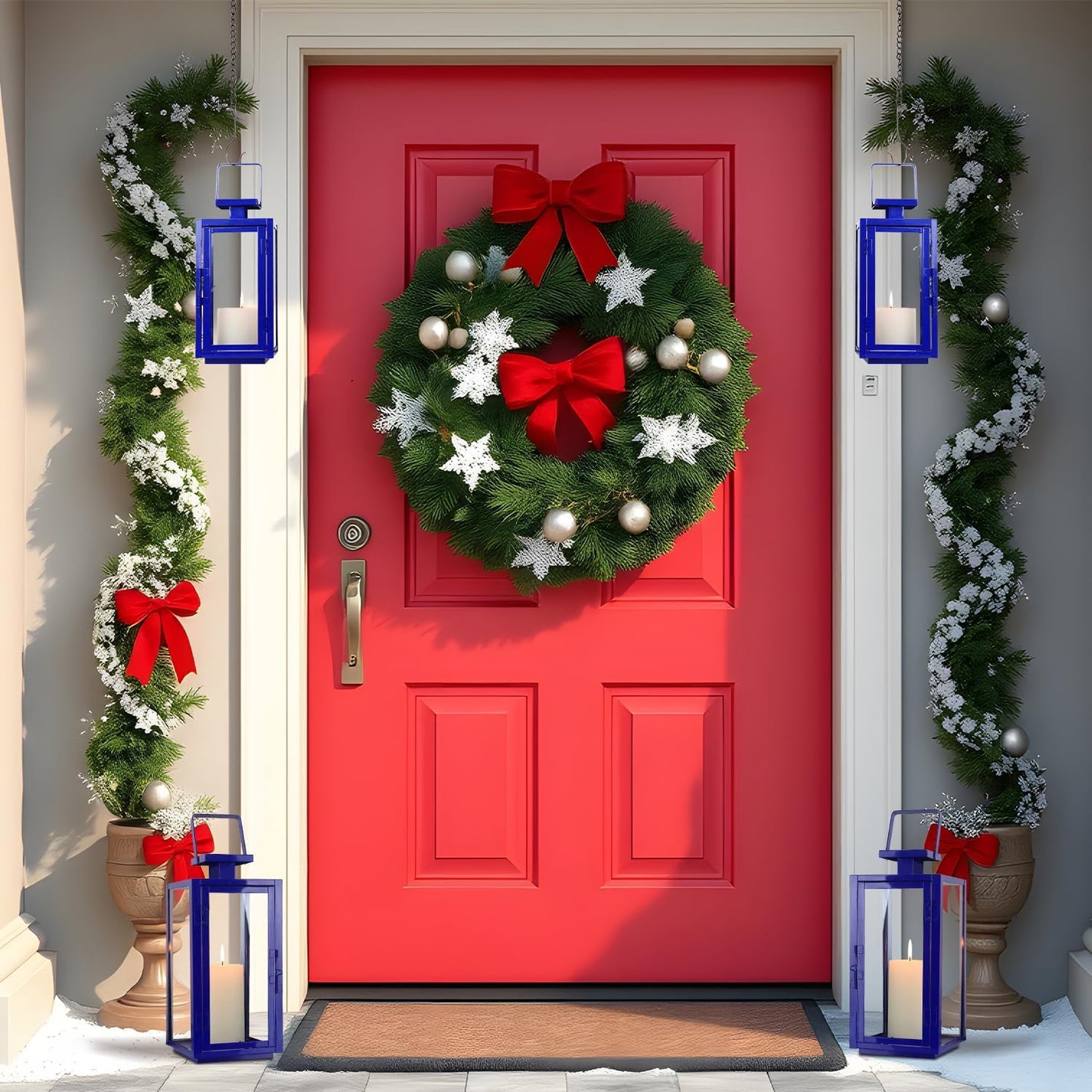 DECORKEY Lantern Decorative Outdoor&Indoor, 17''&13'' Set of 2 Blue Metal Candle Lanterns Decor, Modern Hanging/Tabletop Candle Holders for Home Porch Patio Wedding Christmas Fall Decorations