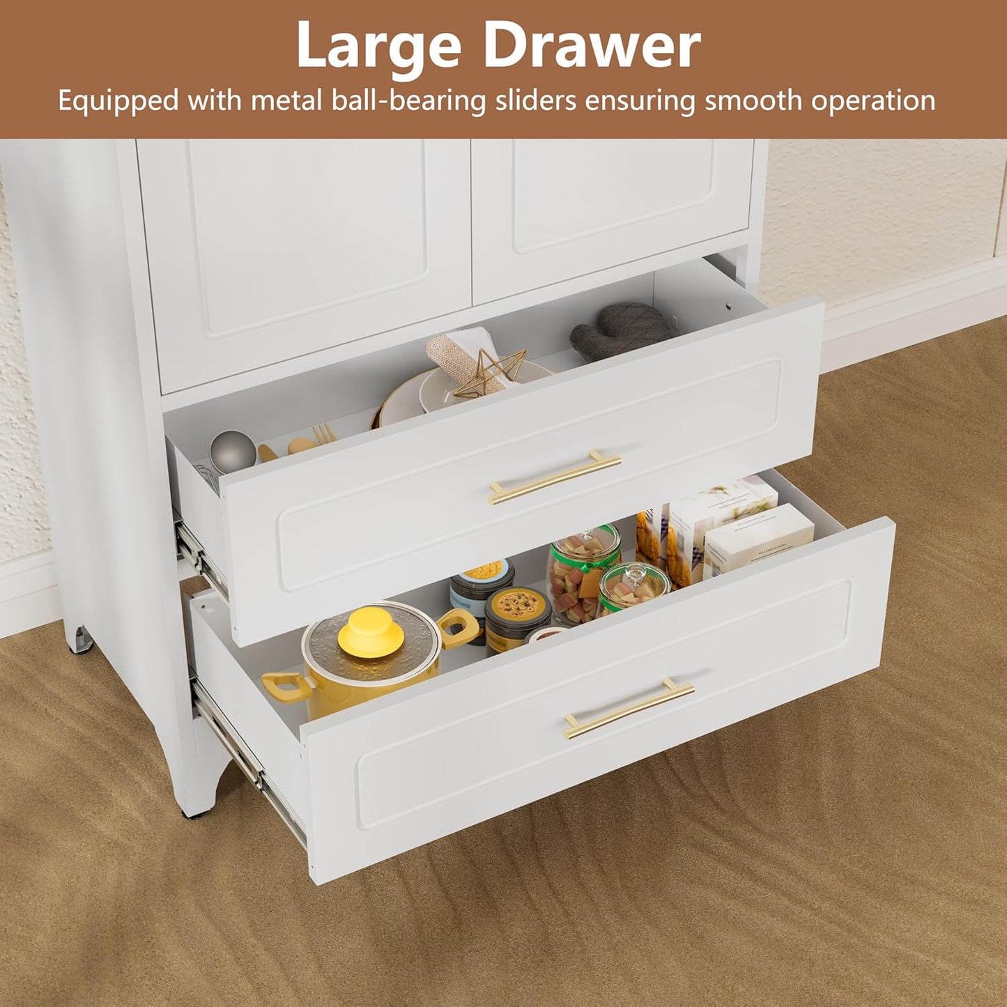 Kitchen Pantry Cabinet, 75" Tall Metal Pantry Cabinet with Two Drawers, Food Cupboards with Doors and Shelves, Freestanding Storage Cabinets for Dining, Living Room, White, Assemble Required