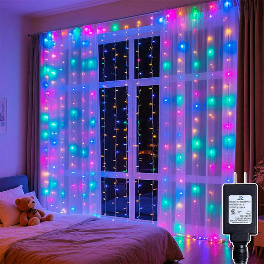 200 LED Rainbow Curtain String Lights 9.8 * 6.6FT Plug in Fairy with Timer and 8 Modes, Waterproof Window Wall Lights for Bedroom Wedding Party Indoor Outdoor Christmas Decor